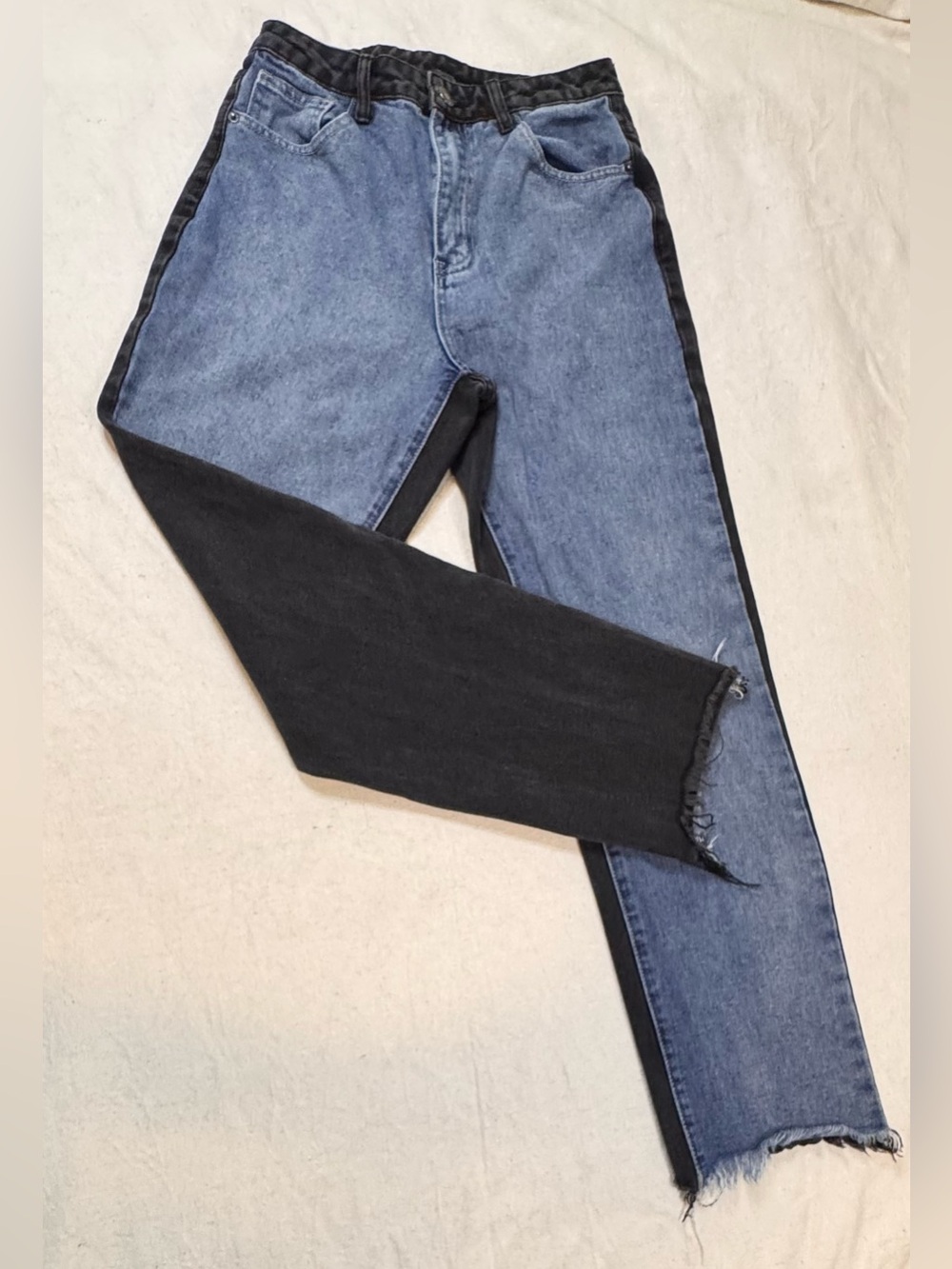 Two-Tone Blue and Black Cropped Frayed Hem Women’s Jeans